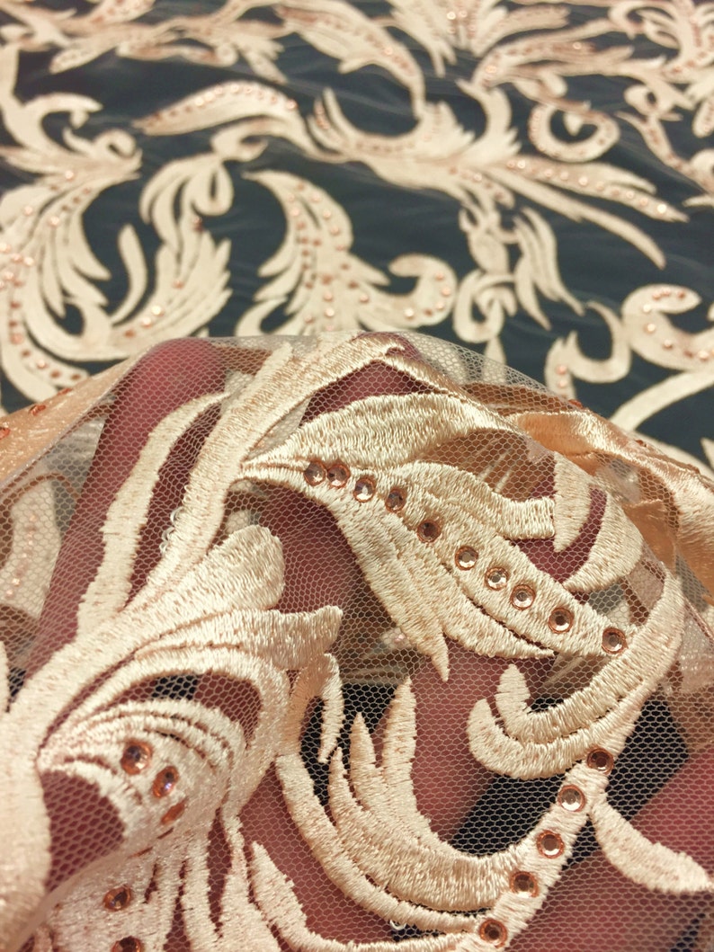 Haute Peach Floral Embroidered Lace Embedded Stone High Fashion Fabric Sold By The Yard