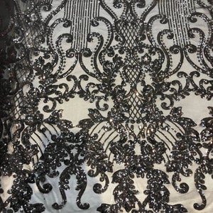 Black Alta Striped Damask Sequins Lace Wedding Prom Formal Fabric - Sold By The Yard