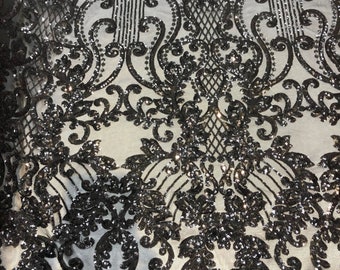 Black Alta Striped Damask Stretch Sequins Prom Fabric - Sold By The Yard