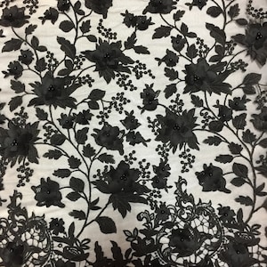 Black 3D Embroidered Satin Floral Pearl Wedding Prom Formal Lace Fabric - Sold By The Yard
