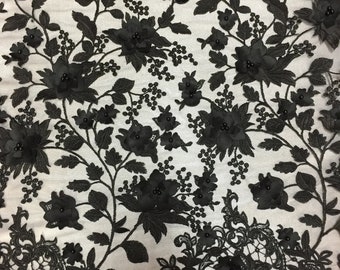 Black 3D Embroidered Satin Floral Pearl Wedding Prom Formal Lace Fabric - Sold By The Yard