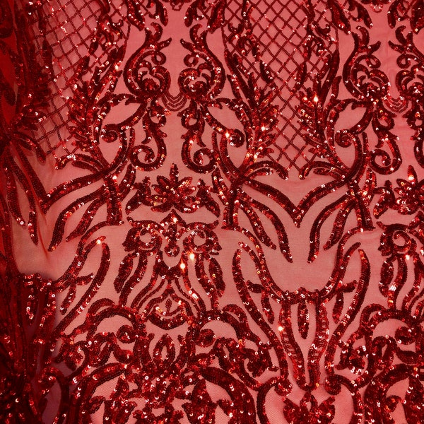 Tessuto di pizzo formale per ballo di fine anno con paillettes elasticizzate rosse Luna - Venduto tagliato su misura