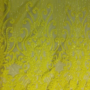 Neon Yellow Alta Striped Damask Sequins Lace Wedding Prom Formal Fabric - Sold By The Yard