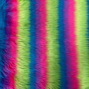 Neon Rainbow Striped Long Pile Faux Fur Fabric - Sold By The Yard - 60&quot;