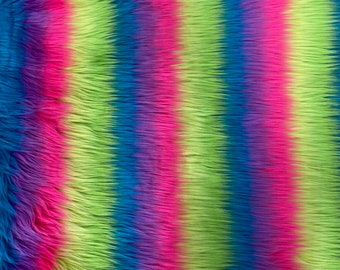 Neon Rainbow Striped Long Pile Faux Fur Fabric - Sold By The Yard - 60"