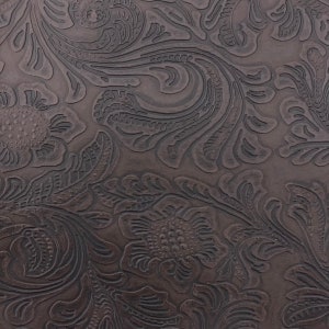 Dark Brown Western Floral PU Faux Leather Vinyl Fabric - Sold By The Yard - 56&quot;