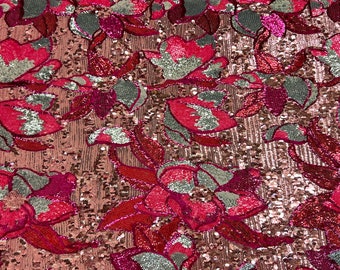 Fuchsia Pink Giselle Multicolor Floral Sequins Couture Fabric - Sold By The Yard