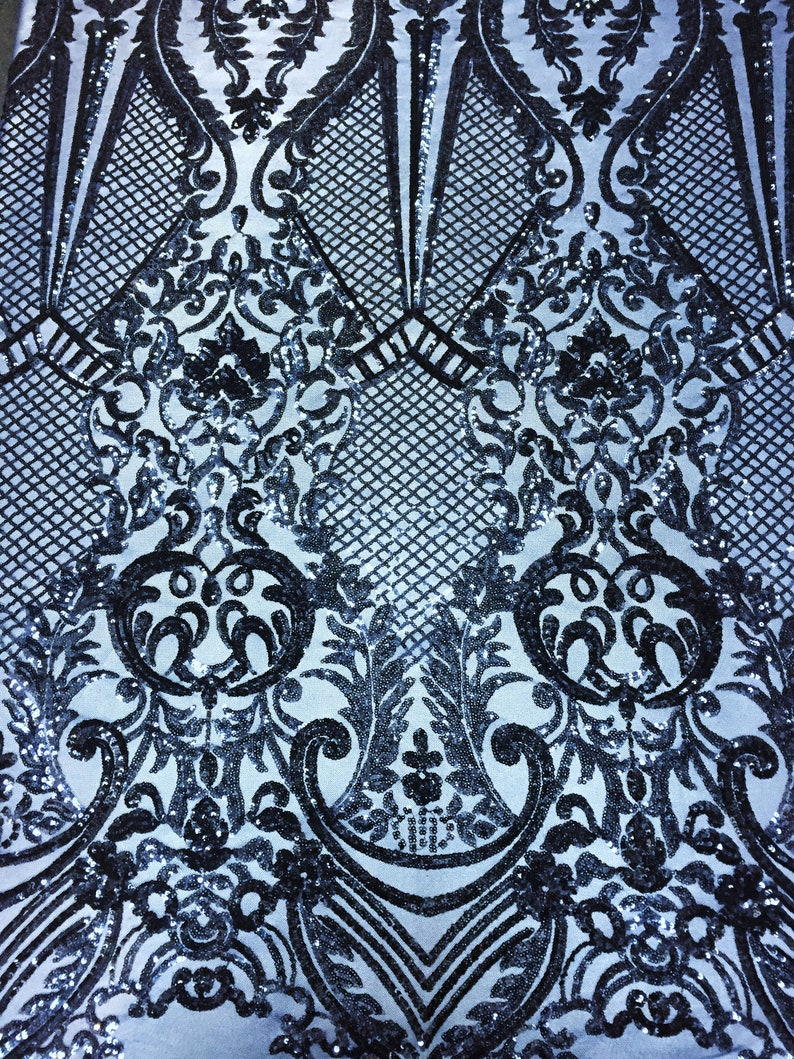 Sold By The Yard Navy Blue Chantal Deluxe 4 Way Stretch Nylon Spandex Wedding Prom Formal Sequin Fabric