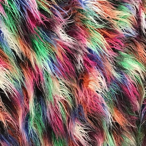 Rainbow Multicolor Curly Long Pile Shaggy Faux Fur Fabric - Sold By The Yard - 60&quot;