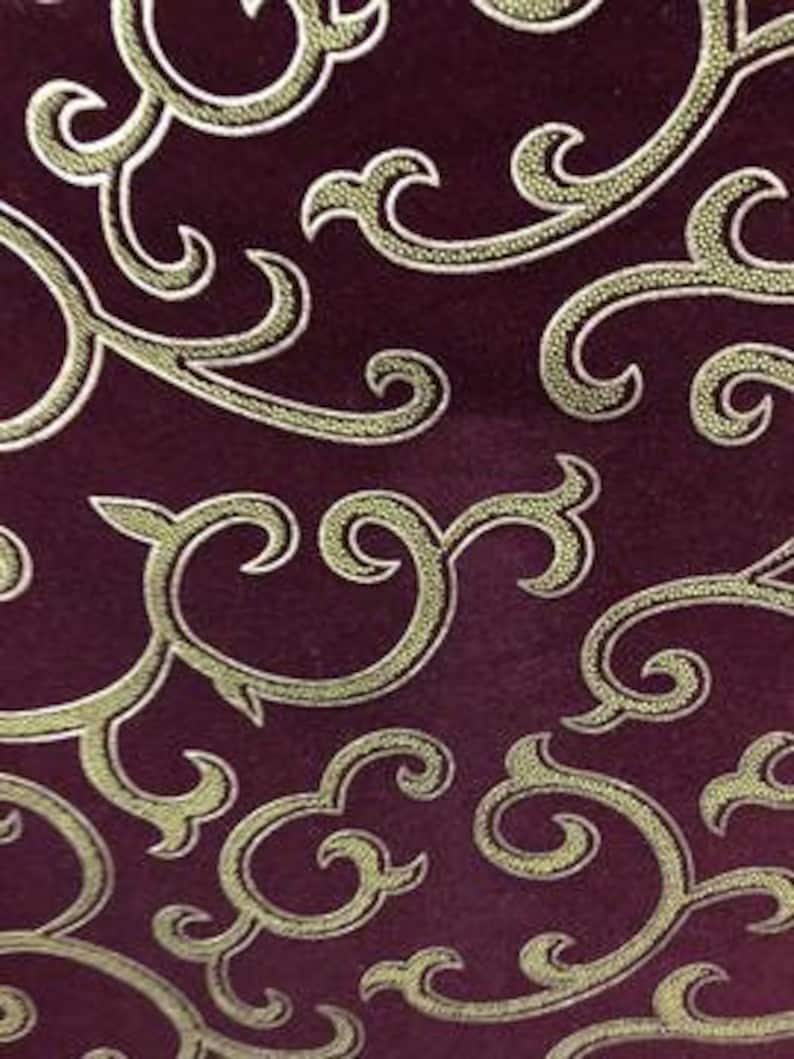 60 Sold By The Yard Burgundy Gold Chain Link Flocking Velvet Drapery Upholstery Fabric