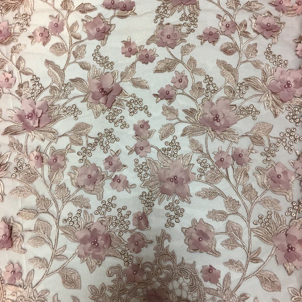 Dusty Rose 3D Embroidered Satin Floral Pearl Wedding Prom Formal Lace Fabric - Sold By The Yard