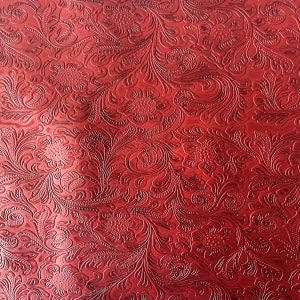 Red Western Floral PU Faux Leather Vinyl Fabric - Sold By The Yard - 56&quot;