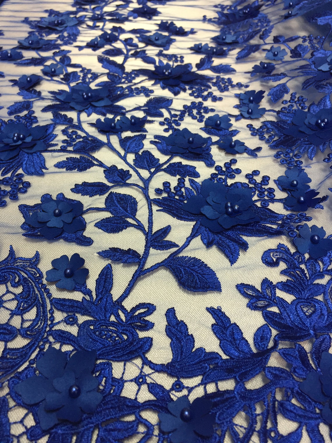 Royal Blue 3D Embroidered Satin Floral Pearl Wedding Prom Formal Lace ...
