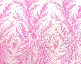 Baby Pink Iridescent Sequins Fabric - Floral Leaf, Prom Dress Couture