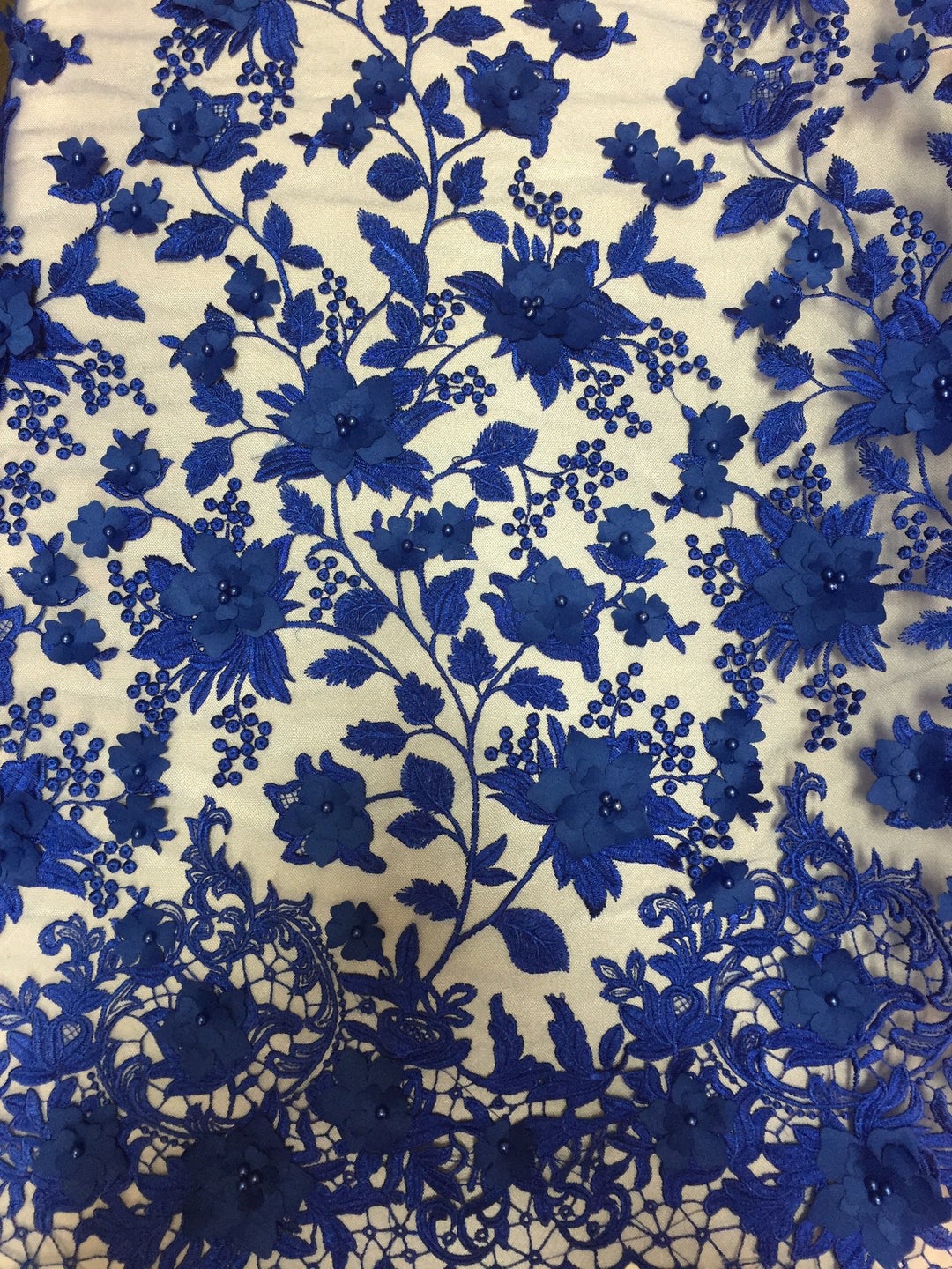 Royal Blue 3D Embroidered Floral Pearl Lace Fabric - Prom, Wedding ...