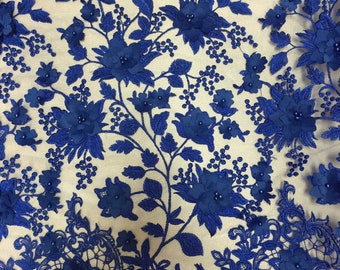 Royal Blue 3D Embroidered Satin Floral Pearl Wedding Prom Formal Lace Fabric - Sold By The Yard