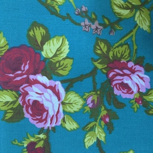 Teal Red Pink Rose Floral Print Poly Cotton Print Fabric - Sold By The Yard -  59&quot;