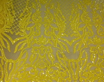 Neon Yellow Luna Stretch Sequins Wedding Prom Formal Lace Fabric - Sold By The Yard