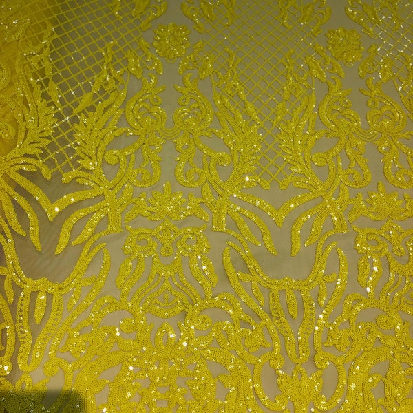 Tissu en dentelle formelle Luna jaune fluo à paillettes extensibles pour bal de mariage - Vendu au mètre