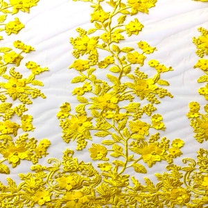 Yellow 3D Embroidered Satin Floral Pearl Wedding Prom Formal Lace Fabric - Sold By The Yard