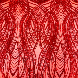 Red Selena Wave Stretch Sequins Prom Couture Cocktail Lace Fabric - Sold By The Yard