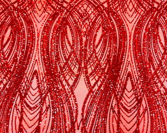 Red Selena Stripe Wave Stretch Sequins Prom Couture Cocktail Fabric - Sold By The Yard