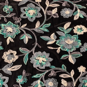 Teal Blue Multicolor Briony Floral Embroidered Stretch Velvet Apparel Costume Fabric - Sold By The Yard - 52"