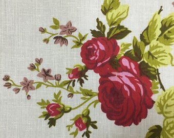 White Red Rose Floral Print Poly Cotton Print Fabric - Sold By The Yard -  59"