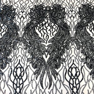 Black Lioness Stretch Sequins Couture Prom Dress Lace Fabric - Sold By The Yard