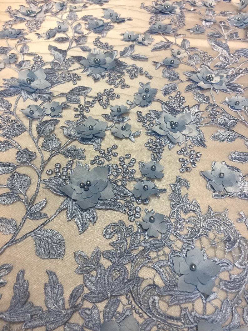 Baby Blue 3D Embroidered Floral Lace Fabric With Pearls - by the Yard ...