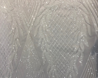 White Alpica Stretch Sequins Wedding Prom Formal Lace Fabric - Sold By The Yard