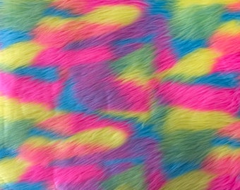Neon Pastel Multi Color Rainbow Patchwork Faux Fur Fabric - Sold By The Yard - 60"