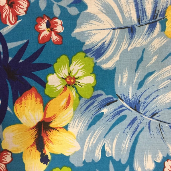 Aqua Hawaiian Print Poly Cotton Print Fabric - Sold By The Yard -  59"