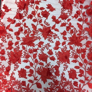 Red 3D Embroidered Satin Floral Pearl Wedding Prom Formal Lace Fabric - Sold By The Yard