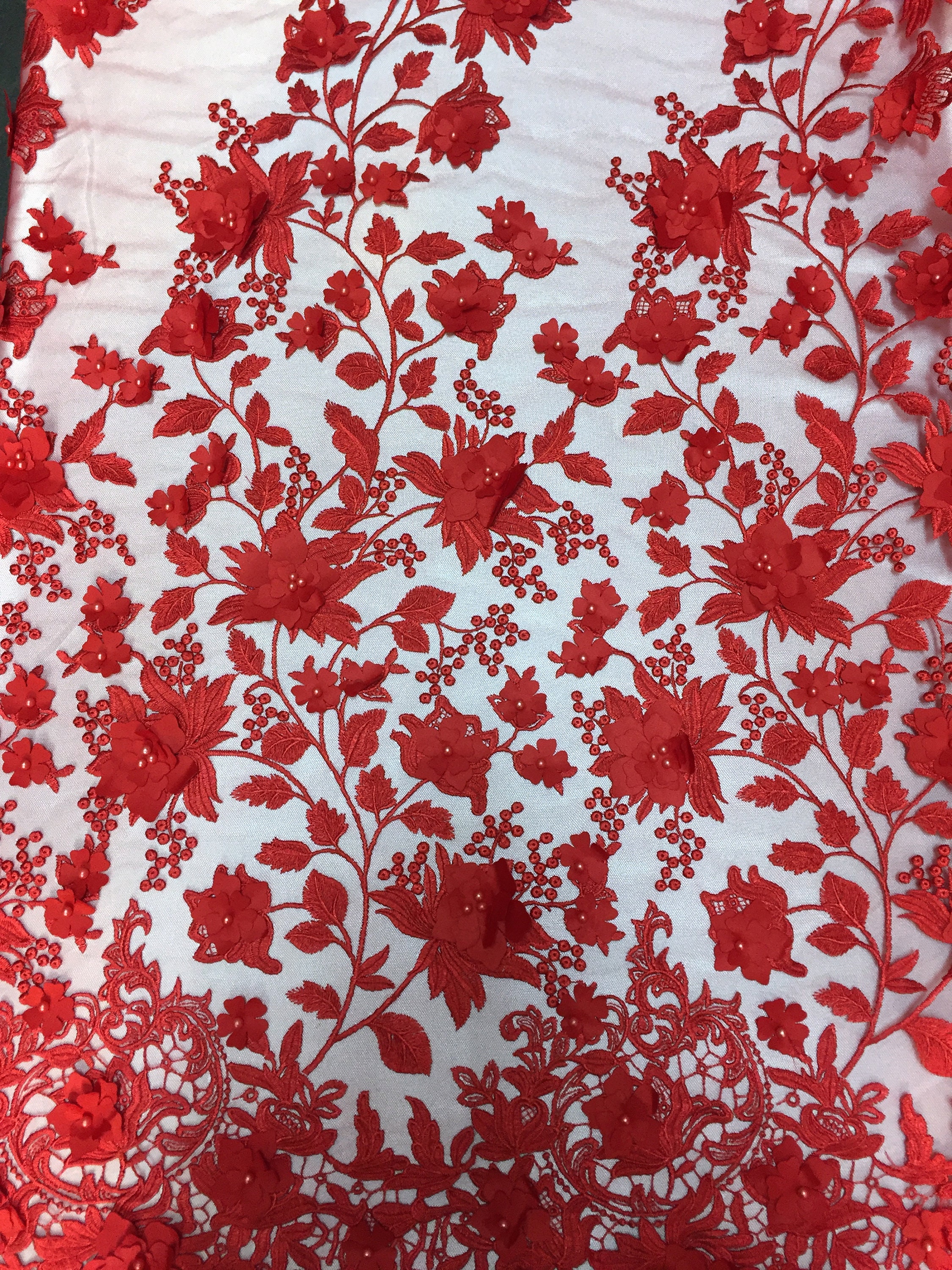 Heavy Duty Sequins Pearl Fabric - Red - Heavy Handmade Embroidery Lace