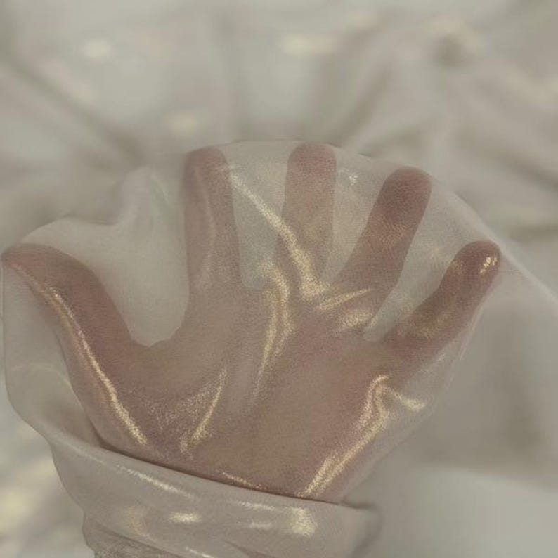 May include: A close-up of a sheer, white fabric held up, allowing light to pass through. The fabric is slightly wrinkled, creating soft shadows and highlights. The material appears delicate and lightweight, suitable for apparel or decorative purposes.