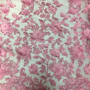 Pink 3D Embroidered Satin Floral Pearl Wedding Prom Formal Lace Fabric - Sold By The Yard