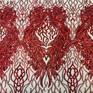 Red Lioness Stretch Sequins Couture Prom Dress Lace Fabric - Sold By The Yard