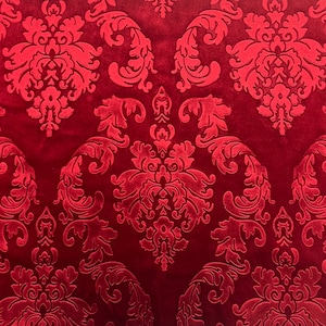 Red Damask Embossed Velvet Upholstery Drapery Fabric - Sold By The Yard - 55&quot;