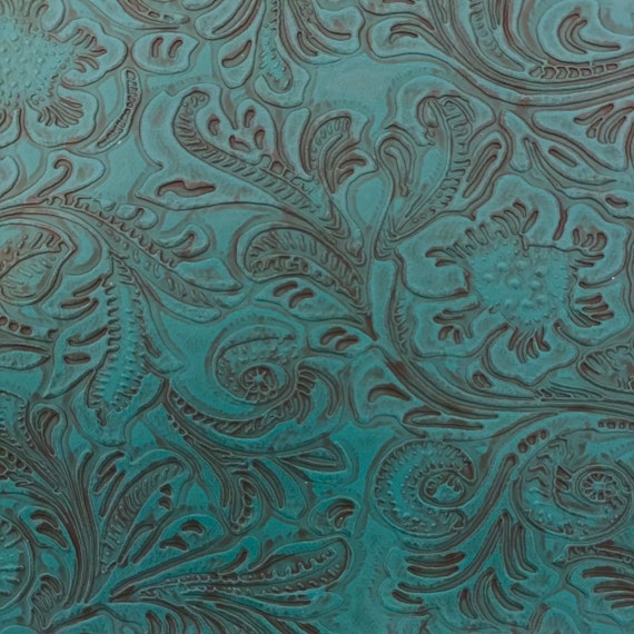 Turquoise Blue Western Floral Polyurethane Faux Leather Vinyl Fabric - Sold by the Yard