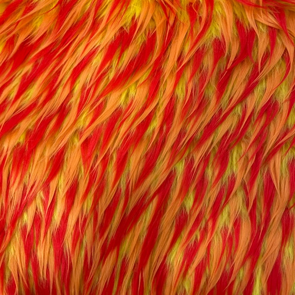 Yellow Red Orange Three Spike Shaggy Faux Fur Fabric - Sold By The Yard - 60"