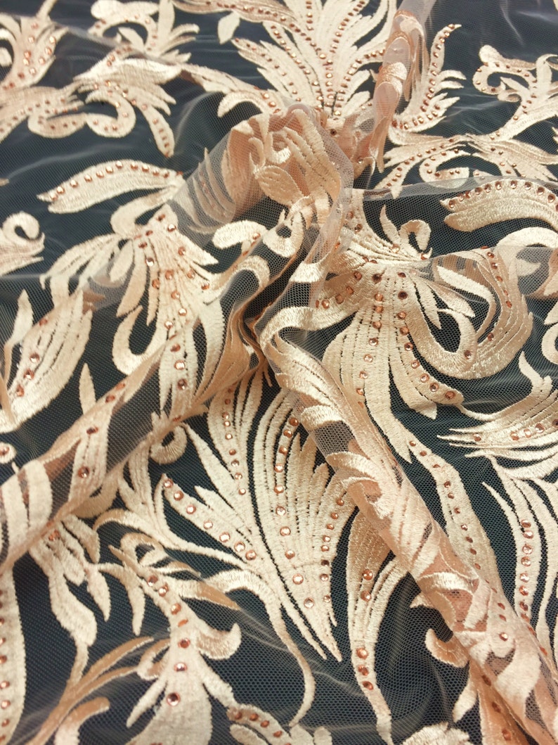 Haute Peach Floral Embroidered Lace Embedded Stone High Fashion Fabric Sold By The Yard