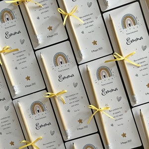 Segnalibro Personalizzato con Matita, Idea Regalo Bomboniera Battesimo, Nascita, Prima Comunione - Grafica Arcobaleno