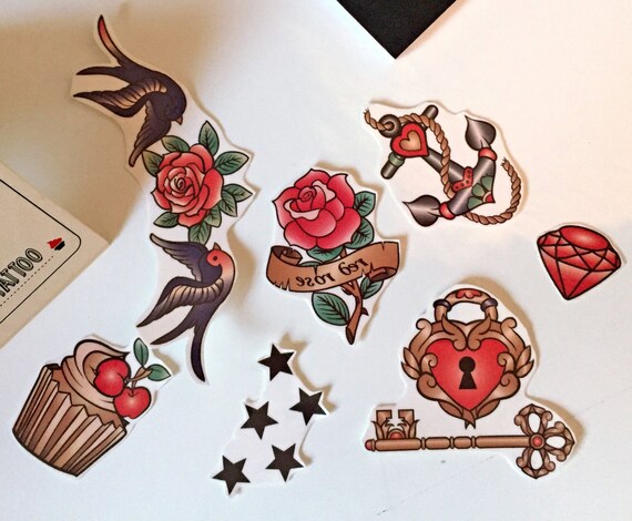 Temporary Tatoos Old Style Rockabilly Old School Tattoo Etsy