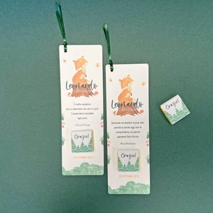 Cioccolatino personalizzato con segnalibro per Battesimo, segnaposto nascita, Battesimo, Comunione, Cresima - Grafica VOLPE nel bosco