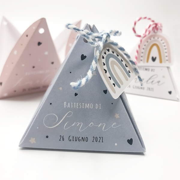 Personalized Pyramid boxes - Party or baptism favor and gadget - Neutral graphics with Rainbow tag