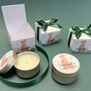 Bomboniera Candela artigianale Cera Cocco - Candela profumata segnaposto battesimo - Candela personalizzata grafica VOLPE NEL BOSCO
