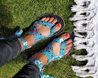 Blue, Pink & White African Print Ribbon lace up Sandals