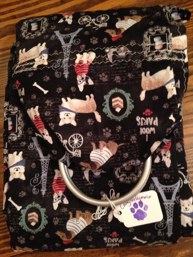 Up to 30 lbs Black Paris dog themed ring sling for carrying your pet Pocket included!