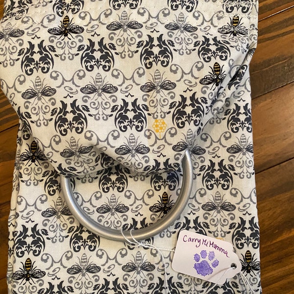 Ring Sling for your pet up to 30 lbs, one size, easy wash, black/gray damask with honeybees is sweet and useful!